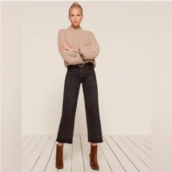 Reformation Denim - Reformation Wide Leg Jeans Raw Hem High Waisted Black Size 24